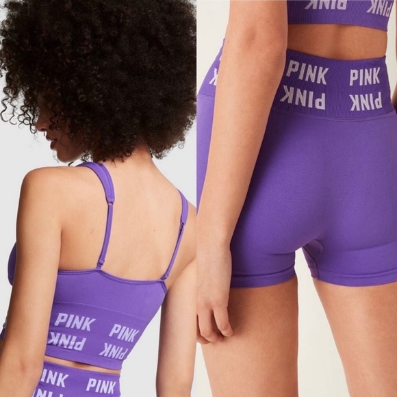 PINK Victoria’s Secret Set High Rise Biker Shorts Sports Bra L Purple Passion - Picture 8 of 8